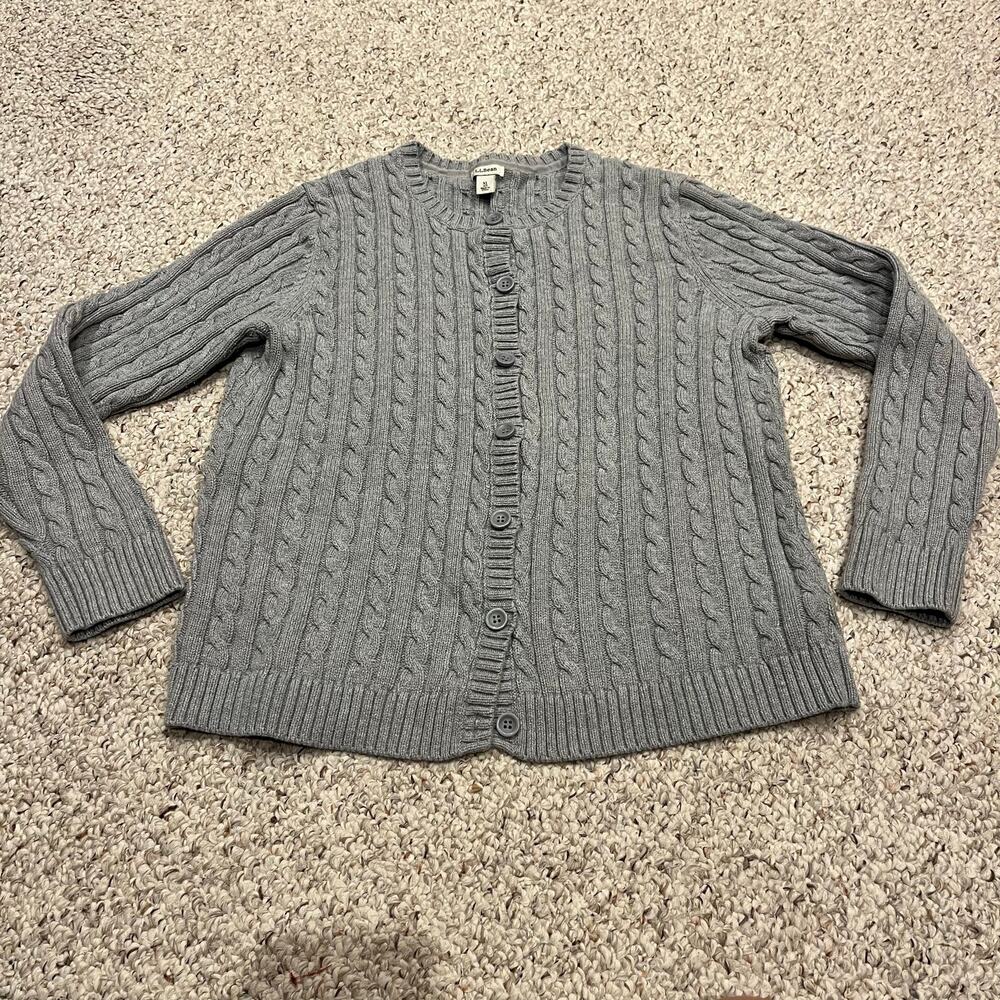 LL Bean Cable Knit Cardigan Sweater XL Gray Cotton Preppy Classic Casual